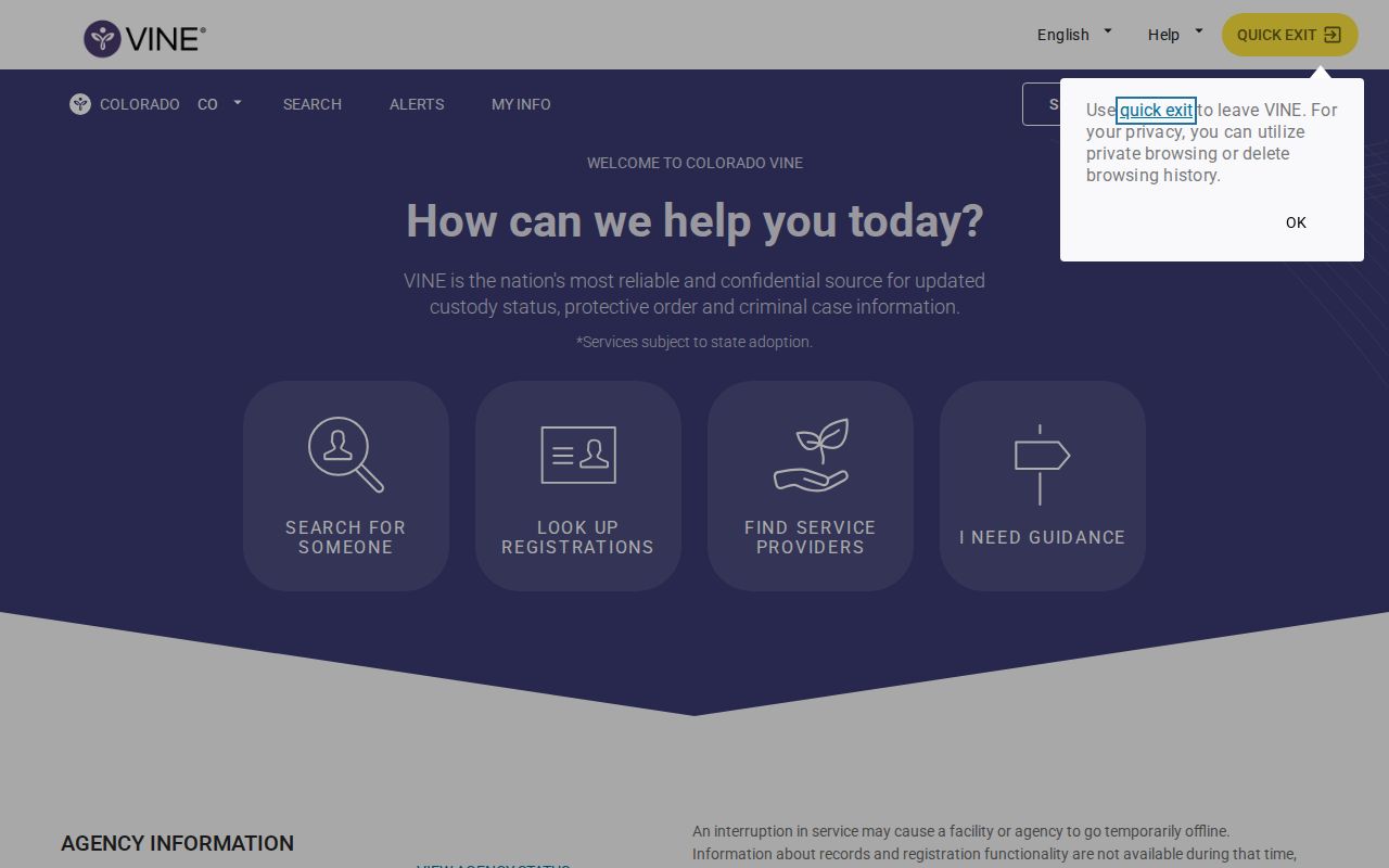 Colorado VINE custody status and notification portal